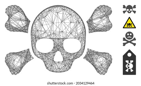 Vector network skull crossbones. Geometric linear frame 2D network generated with skull crossbones icon, designed with crossed lines. Some bonus icons are added.