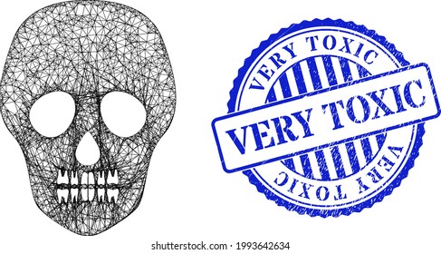 Vector network skull framework, and Very Toxic blue rosette grunge seal. Crossed carcass network symbol designed with skull pictogram, is made with intersected lines.