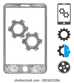 Vector network smartphone gear options. Geometric hatched frame flat network generated with smartphone gear options icon, designed with intersected lines. Some bonus icons are added.