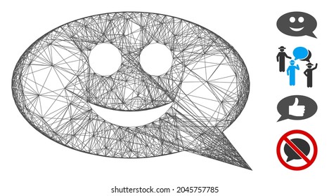 Vector network smile chat message. Geometric wire carcass 2D network generated with smile chat message icon, designed with intersected lines. Some bonus icons are added.