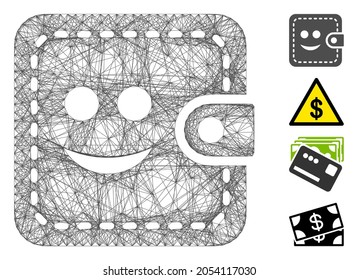 Vector network smiled wallet. Geometric linear frame flat network made from smiled wallet icon, designed from crossed lines. Some bonus icons are added.