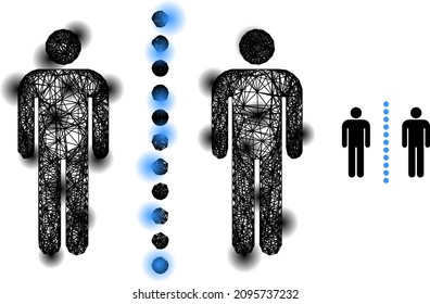 Vektor Netzwerk soziale Distanz Symbol mit Flecken. Geometrisches Drahtgitter 2D-Netzwerk basierend auf dem Symbol für soziale Distanz, erzeugt mit Schnittlinien, mit runden Flecken.