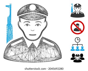 Vector network soldier. Geometric hatched frame flat network made from soldier icon, designed from crossing lines. Some bonus icons are added.