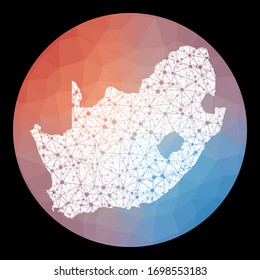 Mapa de la red de vectores de Sudáfrica. Mapa del país con antecedentes de polos bajos. Redondeó ilustración sudafricana en tecnología, internet, red, estilo concepto de telecomunicaciones.