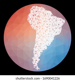 Vector network South America map with a low poly background. Rounded South America illustration in a technology and telecommunication concept style.