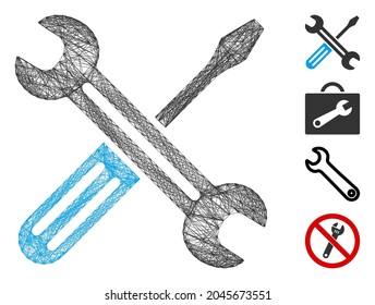 Vector network spanner and screwdriver. Geometric hatched carcass 2D network made from spanner and screwdriver icon, designed from crossing lines. Some bonus icons are added.