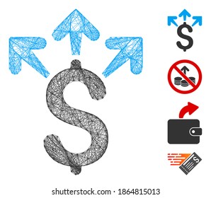 La red de vectores gasta dinero. Red plana de marco lineal geométrico generada con icono de dinero gastado, diseñada con líneas de cruce. Se añaden algunos iconos adicionales.