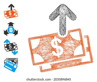 Vector network spend money. Geometric wire frame flat net generated with spend money icon, designed with crossing lines. Some bonus icons are added.