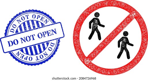Vector network stop pedestrian men frame, and Do Not Open blue rosette grunge badge. Linear frame network image designed with stop pedestrian men icon, is created with crossing lines.