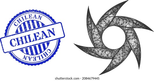 Vektor Netzwerk Sturm Swirl Modell, und chilenischen blauen Rosette strukturierte Stempel-Siegel. Wire carcass net Bild mit stürmgeschütteltem Piktogramm, erstellt mit Schnittlinien.