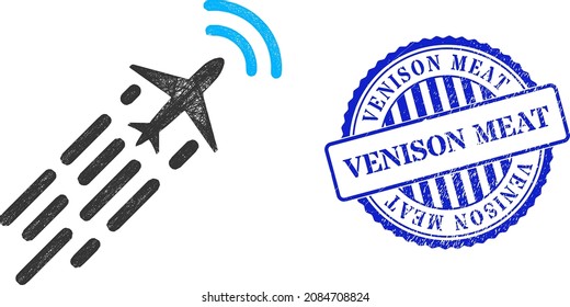 Vector Network Supersonic Airplane Flight Carcass, And Venison Meat Blue Rosette Corroded Stamp. Crossed Carcass Network Image Designed With Supersonic Airplane Flight Icon, Made With Crossing Lines.