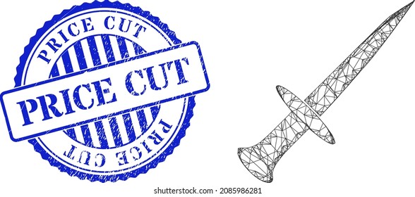 Vector network sword carcass, and Price Cut blue round textured seal. Hatched carcass network illustration designed with sword pictogram, created with crossed lines.