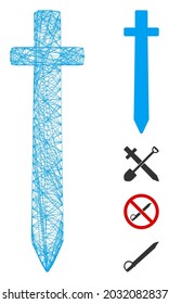 Symbolschwert des Vektornetzwerks. 2D-Netzwerk mit geometrischem Schwertsymbol, konstruiert mit gekreuzten Linien. Es werden einige Bonussymbole hinzugefügt.