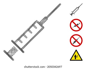 Vector network syringe. Geometric wire carcass 2D network generated with syringe icon, designed with crossed lines. Some bonus icons are added.