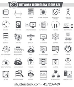 Vector Network technology black icons set. Dark grey classic icon design for web.