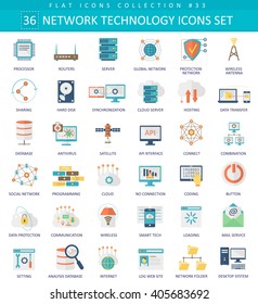 Vector Network Technology Color Flat Icon Set. Elegant Style Network Icons Design