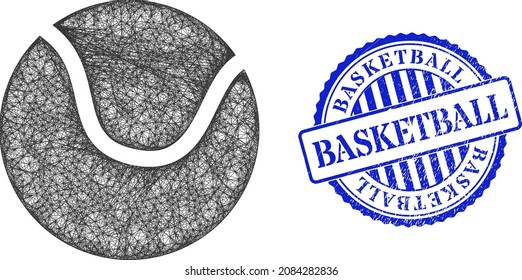 Rótulo vectorial de la red de pelota de tenis y sello sucio de rosetón azul de baloncesto. Imagen de red de cuadro con cubierta diseñada con pictograma de pelota de tenis, generada con líneas cruzadas.