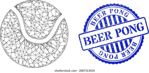 Modelo de bola de tenis en red vectorial, y imitación de sello de color azul Beer Pong. Imagen de red de canales cruzados diseñada con pictograma de pelota de tenis, hecha con líneas de cruce.