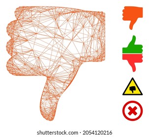 Vector network thumb down. Geometric hatched frame 2D network generated with thumb down icon, designed from crossed lines. Some bonus icons are added.