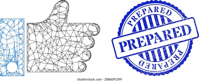 Vector network thumb up wireframe, and Prepared blue round corroded seal print. Wire carcass network symbol designed with thumb up pictogram, created from crossing lines.