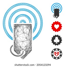 Vector network token airdrop. Geometric wire carcass 2D network made from token airdrop icon, designed from intersected lines. Some bonus icons are added.