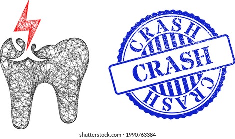 Vector network tooth crash frame, and Crash blue rosette scratched seal. Wire carcass network symbol created from tooth crash icon, is generated from crossed lines.