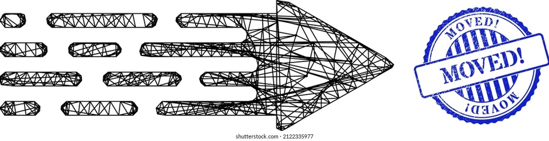 Vector network transition arrow carcass, and Moved. blue rosette scratched seal imitation. Wire carcass network illustration created from transition arrow icon, made from crossed lines.