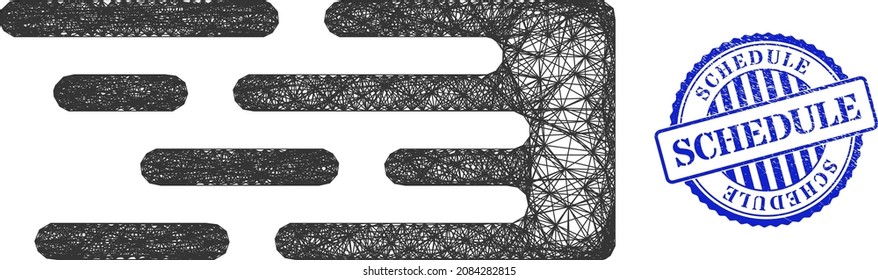 Vector network transition beam carcass, and Schedule blue rosette dirty stamp seal. Crossed carcass network symbol created from transition beam pictogram, made from intersected lines.