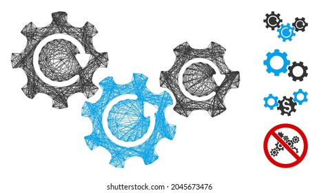 Vector network transmission gears rotation. Geometric wire carcass 2D network made from transmission gears rotation icon, designed from intersected lines. Some bonus icons are added.
