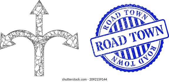 Vektor Netzwerk dreifache Bifuration Pfeil Rahmen, und Road Town blauen Rosette kratzte Robbe Imitation. Lineare Rahmennetzgrafik, erstellt aus einem dreifachen Bifurationspiktogramm,