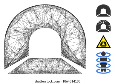 Vector network tunnel. Geometric hatched frame 2D network generated with tunnel icon, designed with intersected lines. Some bonus icons are added.