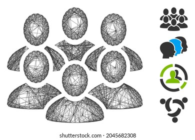 Vector network user crowd. Geometric hatched frame flat net generated with user crowd icon, designed with crossing lines. Some bonus icons are added.