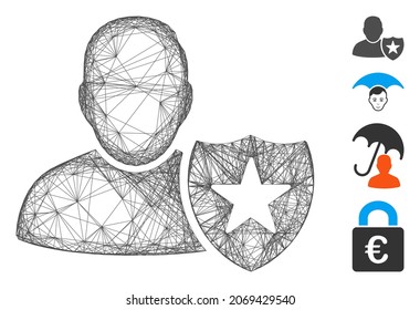 Vector network user protection shield. Geometric wire frame 2D network made from user protection shield icon, designed from intersected lines. Some bonus icons are added.