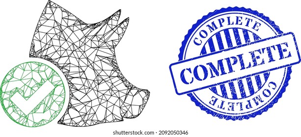 Vector network valid pork frame, and Complete blue rosette rubber stamp. Crossed frame network symbol created from valid pork pictogram, made with crossed lines.
