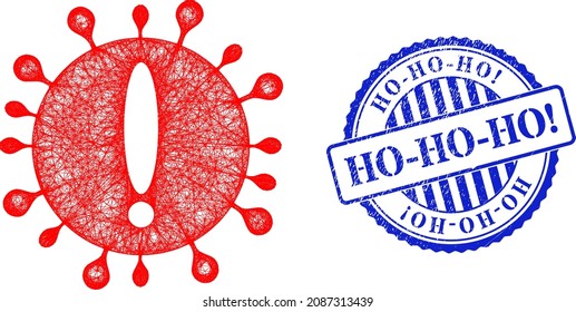 Vector network virus exclamation frame, and Ho-Ho-Ho blue rosette textured stamp seal. Linear frame network image created from virus exclamation pictogram, generated with crossed lines.