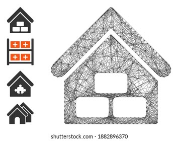 Vector network warehouse. Geometric hatched frame 2D network made from warehouse icon, designed from crossed lines. Some bonus icons are added.