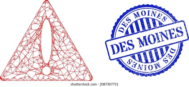 Vector network warning triangle wireframe, and Des Moines blue rosette corroded stamp seal. Crossed frame network symbol created from warning triangle pictogram, is created from crossed lines.