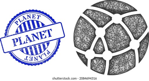 Vector network web sphere frame, and Planet blue rosette textured seal. Wire frame network image designed with web sphere icon, made with crossed lines.