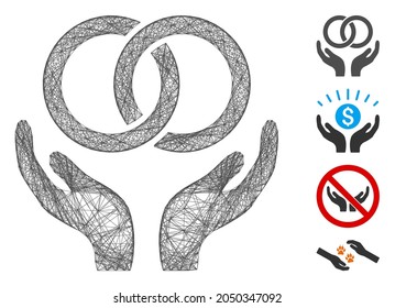 Vector network wedding rings care hands. Geometric hatched carcass 2D network made from wedding rings care hands icon, designed from crossed lines. Some additional icons are added.