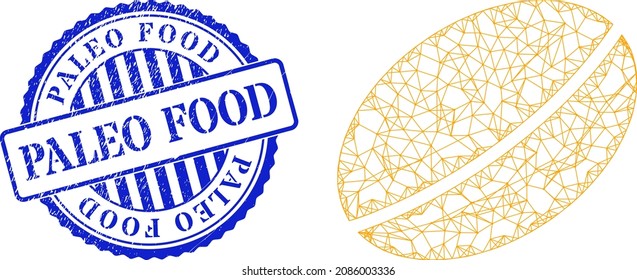 Vector network wheet seed carcass, and Paleo Food blue round dirty stamp. Hatched carcass net symbol created from wheet seed pictogram, is created from crossing lines.