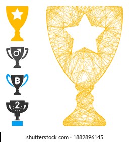 Vector network winner cup. Geometric hatched frame 2D network generated with winner cup icon, designed with crossed lines. Some bonus icons are added.