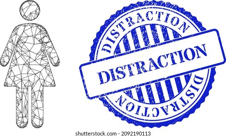 Vector network woman wireframe, and Distraction blue round textured seal print. Hatched carcass network image created from woman pictogram, generated from crossing lines.