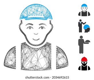 Vector network worker. Geometric hatched frame flat network made from worker icon, designed from crossing lines. Some bonus icons are added.