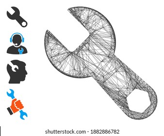 Vector network wrench. Geometric wire frame flat network based on wrench icon, designed from crossed lines. Some bonus icons are added.