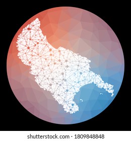 Mapa de la red de vectores de la isla Zakynthos. Mapa de la isla con bajo fondo polaco. Rounded Zakynthos dan forma a la ilustración en el estilo de la tecnología, Internet, la red, el concepto de telecomunicaciones.