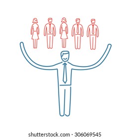 Vector networking skills icon of businessman taking care about his team | modern flat design soft skills linear illustration and infographic red and blue on white background