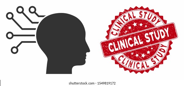 Vector neural interface icon and grunge round stamp seal with Clinical Study text. Flat neural interface icon is isolated on a white background.