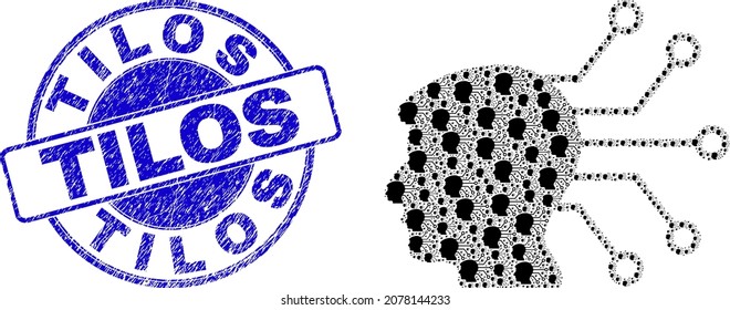 Vector neural link icon composition is composed from randomized self neural link parts. Tilos unclean blue round stamp seal. Fractal mosaic of neural link icon.