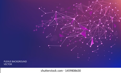 Vector. Neural network. Purple polygonal plexus Blur background. Abstract futuristic 3d image. Science and technology. Microbiology. Macro effect. Lines and points. Particle motion. Blur.