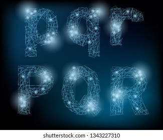 Vector Neuron Network Alphabeth. Neuron Letters and Numbers. Glowing Alphabeth